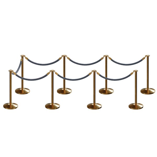 Montour Line Stanchion Post and Rope Kit Sat.Brass, 8 Flat Top 7 Gray Rope C-Kit-8-SB-FL-7-PVR-GY-PB